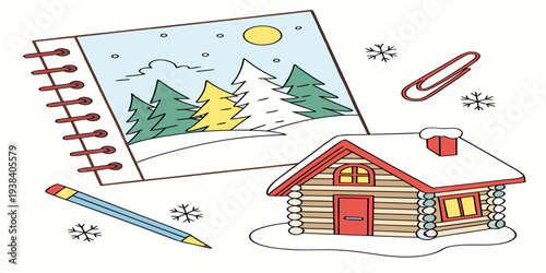 A charming winter scene with a cozy house and festive decorations. Vector