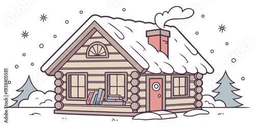 A charming log cabin nestled in a snowy landscape with a waving flag on top Vector