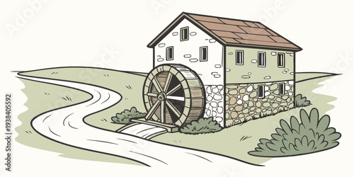 A picturesque house with a winding road and a serene landscape in the background Vector