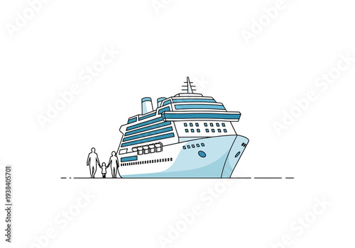 Ocean Liner Voyage Concept With Couple On Deck Looking At Large Passenger Ship Floating At Sea During Travel Or Vacation Adventure