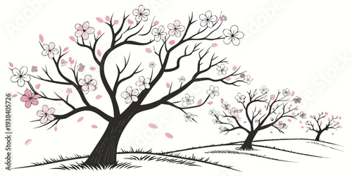 Two barren trees with sparse branches and a few blossoms in a snowy landscape. Vector
