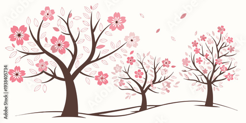 Three bare trees with pink blossoms in a row against a white background Vector