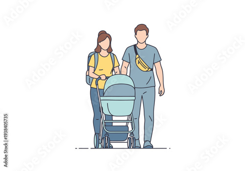 Modern Flat Design Couple With Baby Carriage Walking Together Outdoor Lifestyle Concept