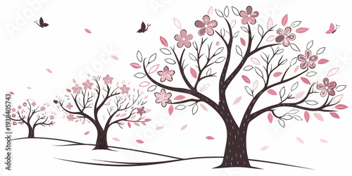 Three trees with pink blossoms and a white background with falling petals Vector