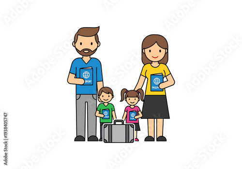 Happy Family With Children And Suitcase Ready For International Travel Holding Passports And Showing Preparedness