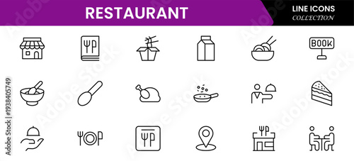 Restaurant line icons set. Restaurant, menu, cooking, drink, chef, table, cafeteria, wine, dish, and eating. Vector illustration