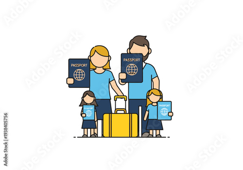 Family Traveling Abroad Holding Passports Ready for International Vacation Journey Together with Luggage Preparing for Adventure Global Exploration