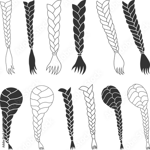 Braided Hair Styles Illustration Set Silhouette, Women's Hair Braided SVG, Fashion Hair Braided Bundle Silhouette, voluminous braids on long hair vector illustration