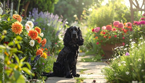 Black dog sits politely on a garden path with colorful flowers blooming brightly