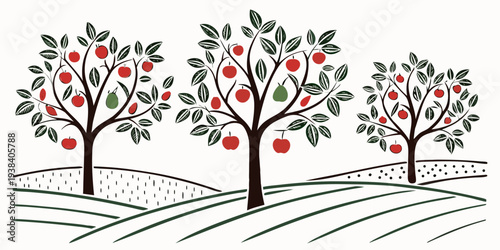 A serene landscape featuring three trees with vibrant red leaves and a bird perched on a branch Vector