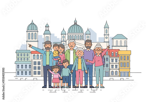 Diverse Family Group Poses Together In Front Of Historic European City Buildings Architecture Landscape Background Outdoor Scene