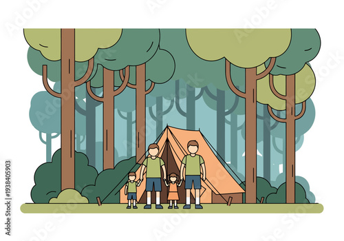 Family Camping Trip Adventure Outdoor Nature Scene With Tent And Trees In Forest Landscape