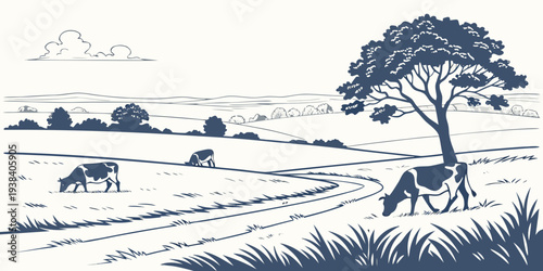 A serene landscape with grazing animals under a large tree and mountains in the distance Vector