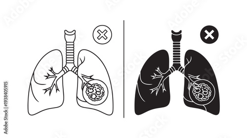 Lungs icon set with x mark indicating condition, healthy vs unhealthy anatomy featuring medical, science, biology with organ and respiratory elements