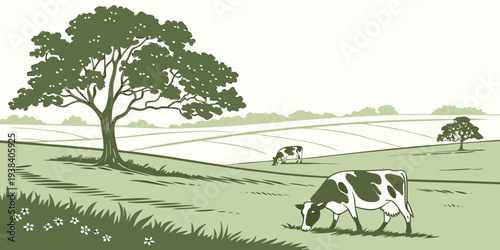 Cows grazing in a lush green field with a large tree and a distant hill Vector