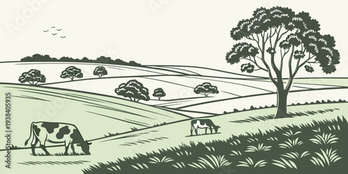 A serene pastoral scene with grazing sheep and a picturesque landscape Vector