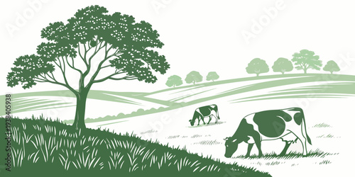 A peaceful countryside scene with cows grazing in a lush green field Vector