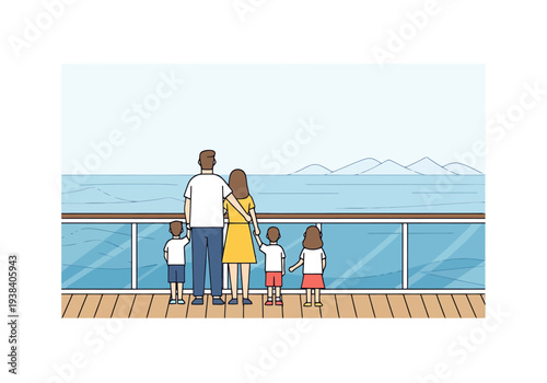 Family vacation cruise adventure looking out over ocean horizon from deck with children enjoying sea view and distant islands