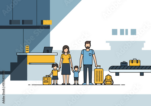 Family Traveling Together With Luggage At Airport Terminal Check in Area Ready For Vacation Adventure Holiday Departure