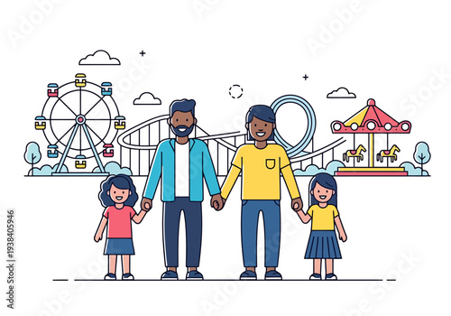 Happy Diverse Family Enjoying Fun Day at Amusement Park Carnival Rides Ferris Wheel Carousel Roller Coaster Excitement Leisure Time Outdoors