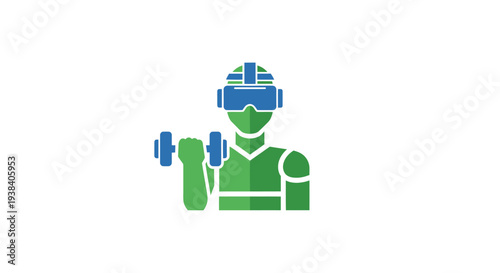 Man wearing VR headset lifting dumbbell.