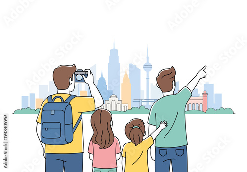 Family sightseeing modern city skyline vacation exploring cityscapes discovering urban landscapes enjoying city views vacationing together in new