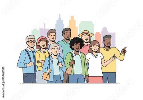 Diverse Group Of People Standing Together With City Skyline Background Representing Community And Urban Life