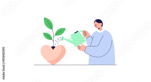Man watering plant with green pot.