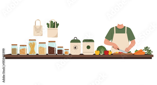 Man wearing green apron preparing food.