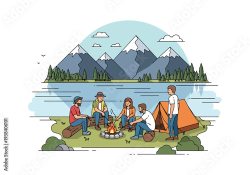 Outdoor Camping Adventure People Around Campfire With Mountains And Lake Scenic Nature Background