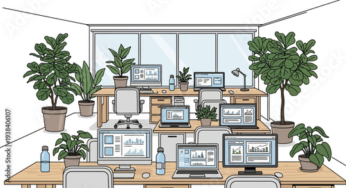 Multiple computer monitors on a desk.