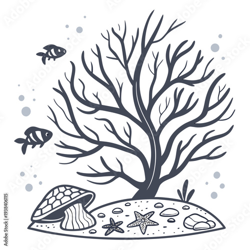 Underwater scene with coral, fish, and sandy ocean floor Vector