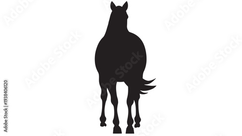 Horse silhouette seen from behind with flowing tail and dark features on white background, iconic animal representation.