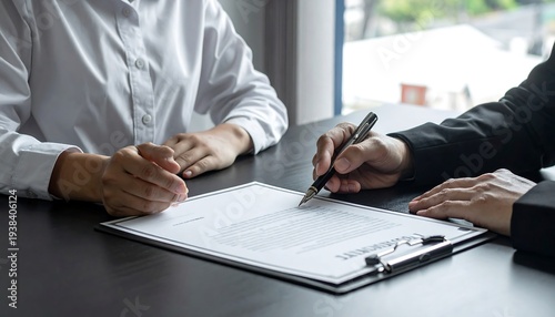 Two people signing a document on a clipboard on a table, with one person holding a pen