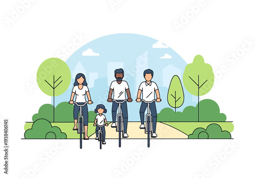 Diverse family enjoys a healthy outdoor bicycle ride together on a paved park path surrounded by green trees and urban cityscape in background