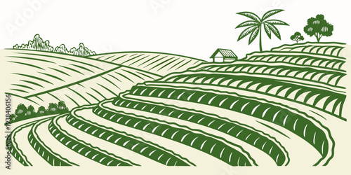 A serene landscape of rolling hills covered in lush green grass and dotted with trees Vector