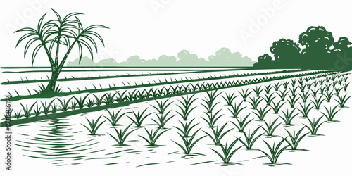 A serene landscape of a flooded field with trees in the background. Vector