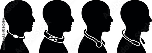 Four Human Head Profile Silhouettes Wearing Various Neckband Headsets and Wearable Tech Vector Art