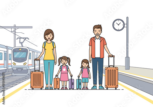 Family stands ready for travel on a train platform with luggage awaiting departure on a sunny day