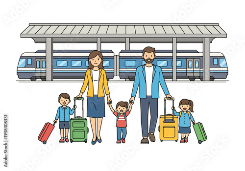 Family Travelers With Luggage At Train Station Platform Ready For Journey Adventure With Modern Vehicles Waiting On Tracks