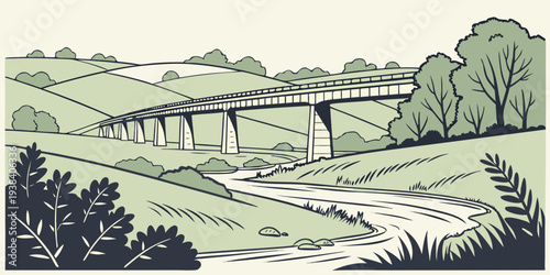 A serene landscape with a winding river and lush greenery under a clear blue sky Vector