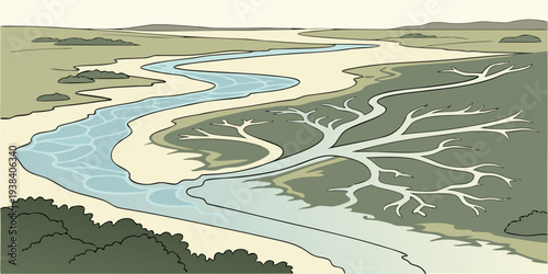 Aerial view of a river meandering through a landscape with various landforms and vegetation. Vector