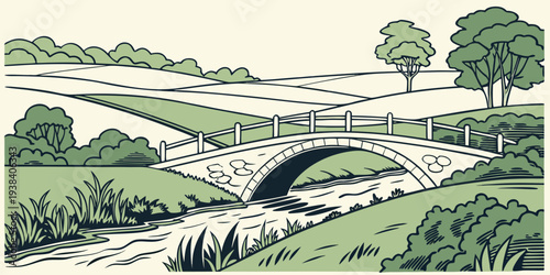 A serene landscape featuring a winding river flowing through lush greenery and rolling hills. Vector