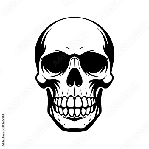 Detailed black and white skull illustration with a menacing grin