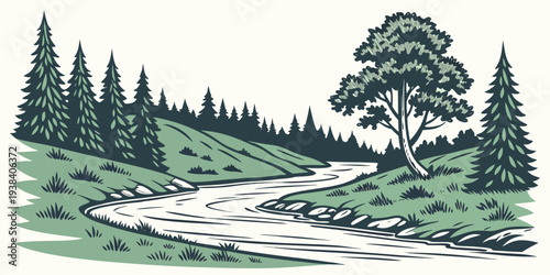 A serene forest path winding through a lush, green woodland with tall trees Vector