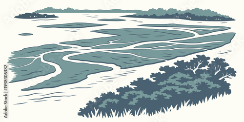 A serene landscape of waves crashing against a rocky shore on a cloudy day Vector