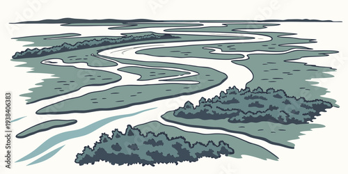 Aerial view of a winding river cutting through a lush, green landscape. Vector