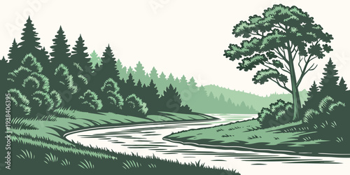 A serene landscape featuring a winding river surrounded by lush greenery and towering trees Vector