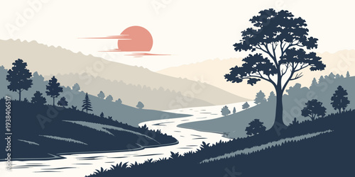 A serene landscape with a lone tree standing tall near a calm river. Vector