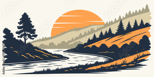 A serene landscape with a sun setting over a tranquil lake surrounded by trees Vector